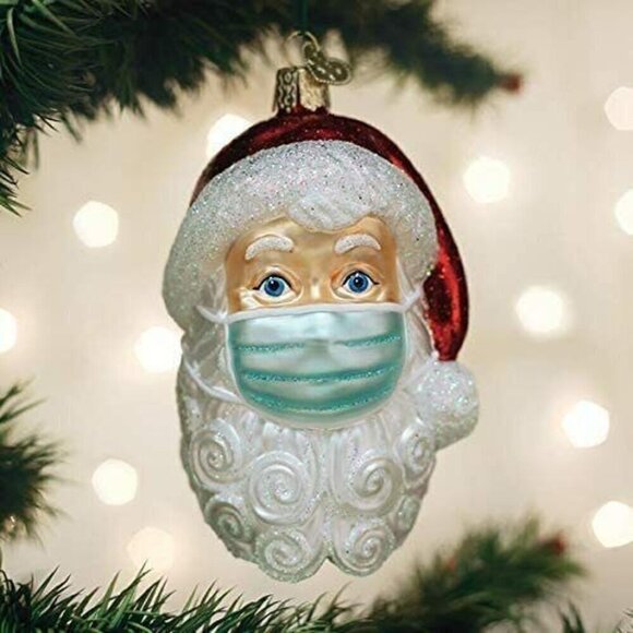 OLD WORLD CHRISTMAS Hand Blown Glass 2020 SANTA WITH FACE MASK Tree Ornament EUC - Picture 2 of 3